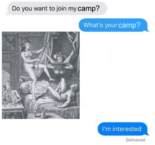 This meme is a play on a classic image of a painting of a scene from ancient Rome, "The School of Love" by Nicolas Poussin. The image shows a group of people in a room, but the meme focuses on a specific part of the image, where a woman is being held by a man, and the text "Do you want to join my camp?" is added to the image, with a response of "I'm interested".